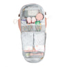 The Amanda Backpack by Glass Ladder in Pink Mimosa features organized compartments for baby essentials like bottles, diapers, wipes, shoes, a pacifier, cream, and a small bag. It has a light blue branded interior. Dimensions: L 12 x W 6 x H 15. Available for pre-order; ships early May.